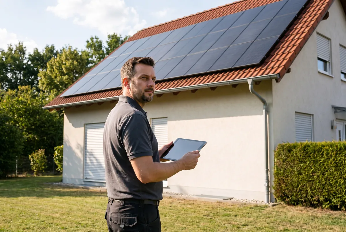 Beratungsgespräch an einem Einfamilienhaus mit Photovoltaikanlage, Planungsunterlagen in der Hand