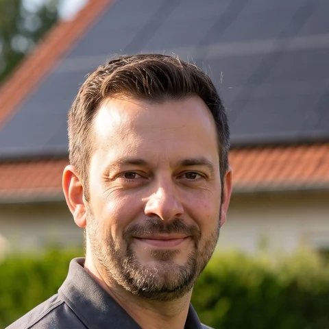 Beratungsgespräch vor einem Wohnhaus mit Photovoltaikanlage